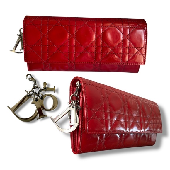 Lady Dior Cannage Quilted Cherry Red Patent Leather Calfskin Wallet Bag & Chain - Picture 4 of 17